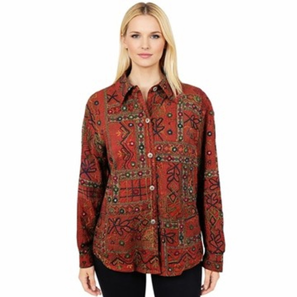 Chicos Rust Red Multi Embroidered Applique Jacket Vintage Boho Size 3 = XL